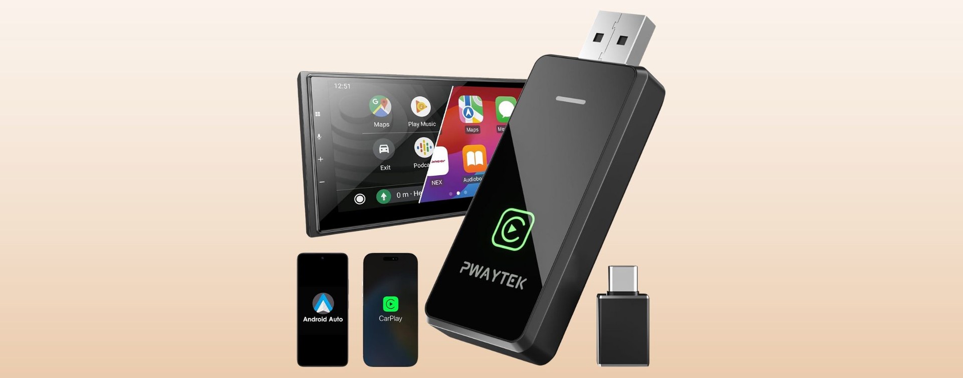 Adattatore Wireless 2-in-1 Per Android Auto E CarPlay – Plug & Play, USB A/C, Auto Dal 2015