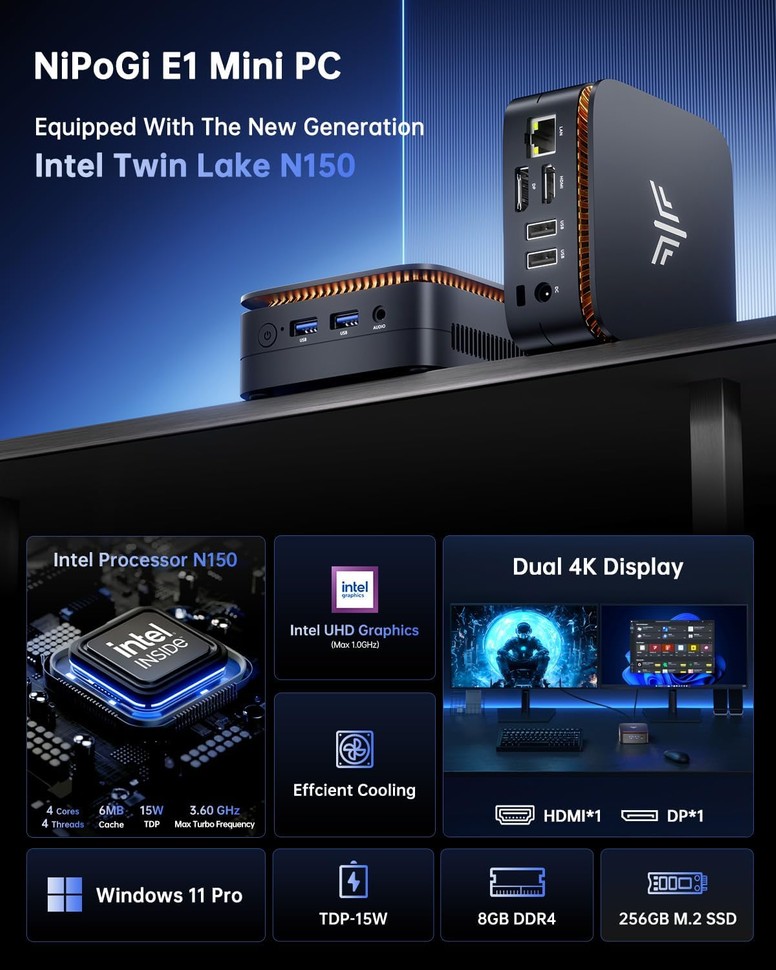 Mele Overclock X2 Mini PC N150: 16GB RAM, 512GB SSD, 4K, Accensione Auto - 4