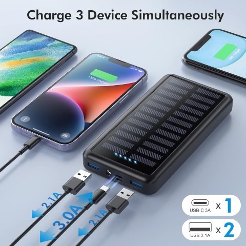 HTN - 36000mah Solar Power Bank, Caricatore Portatile Solare Wireless Qi Con Torce Led Doppie Uscite 8024770054683