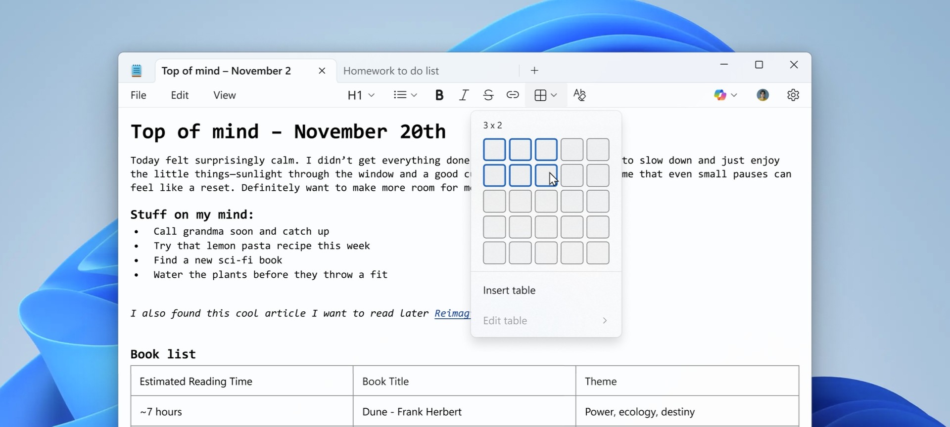 Microsoft aggiorna Blocco note: arrivano le tabelle e un'AI più rapida