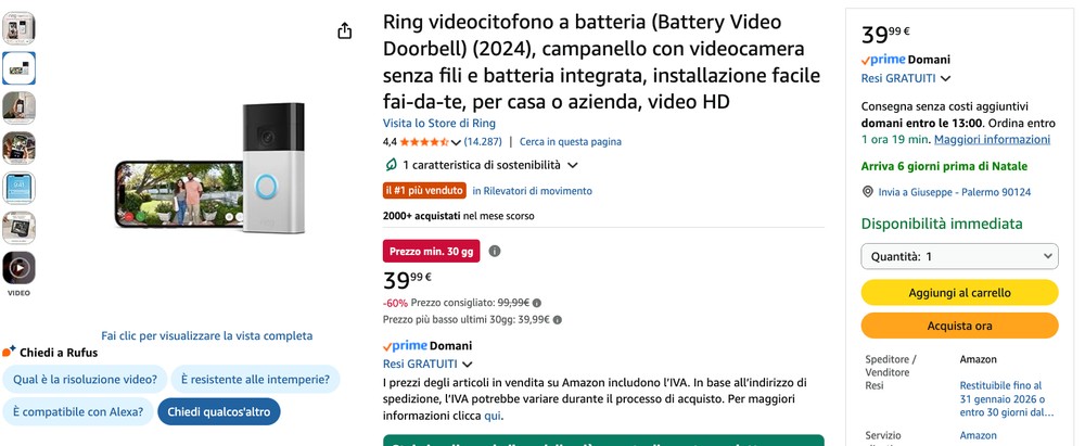 Ring Videocitofono A Batteria (Battery Video Doorbell) (2024) | Visuale A Figura Intera | Installazione Semplice Fai-da-te (5 Min.) | Con Batteria Integrata I Ring Home: 30 Gg. Prova Gratuita - 6
