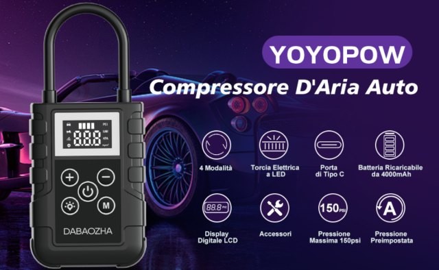 Compressore D'aria Portatile 3600 MAh 150 PSI - Pompa Elettrica Con Display LCD E 4 Modalità - Per Bici, Moto, Scooter - 2