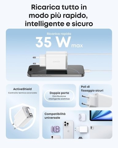 Caricatore Anker Nano 35W Con Cavo USB-C Retrattile | 2 Porte, Compatto Come AirPods, Per IPhone 16/15/14, IPad, Pixel, Galaxy