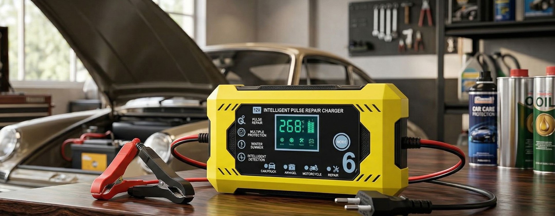 Caricabatteria Intelligente, 12V 24V, Spegnimento Automatico e Rilevamento Automatico, con Protezione da Cortocircuito e Allarme di Connessione Inversa, ABS Premium, per Auto e
