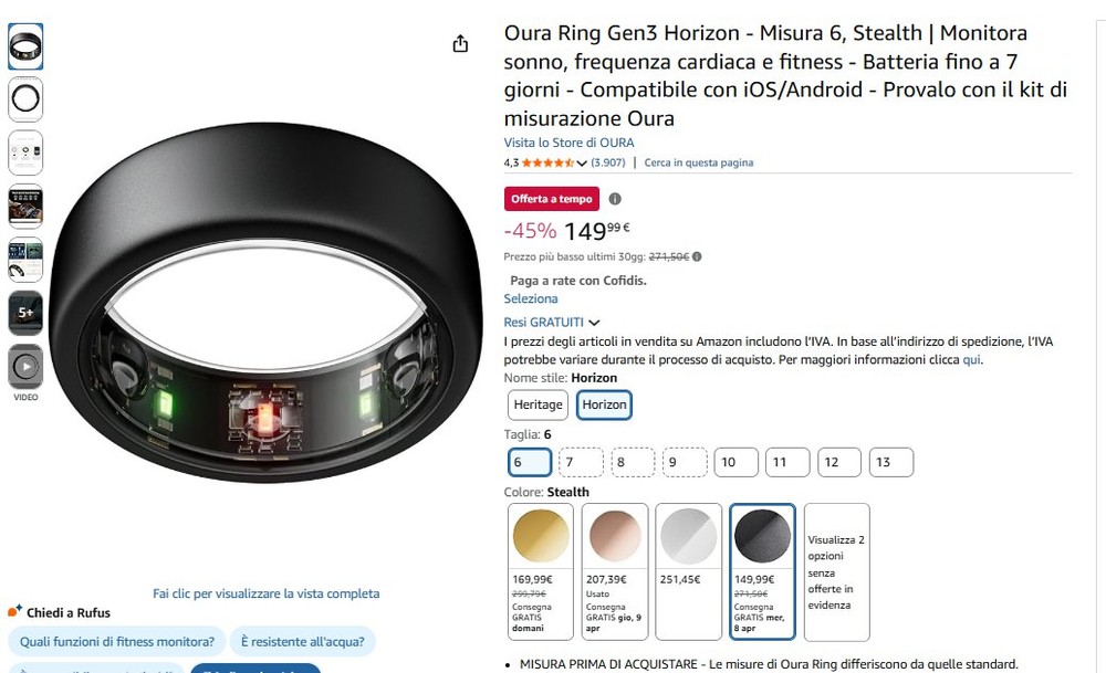 Anello Oura Horizon Gen3 Taglia 9 - Stealth Black - Tracker Attività Nuovo In Scatola