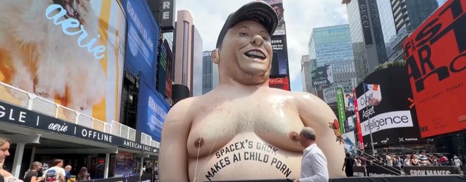 Anteprima: A Times Square è comparso un enorme gonfiabile con le fattezze di Elon Musk