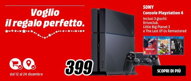 Playstation 4 in offerta a 399 euro con tre giochi da Mediaworld 